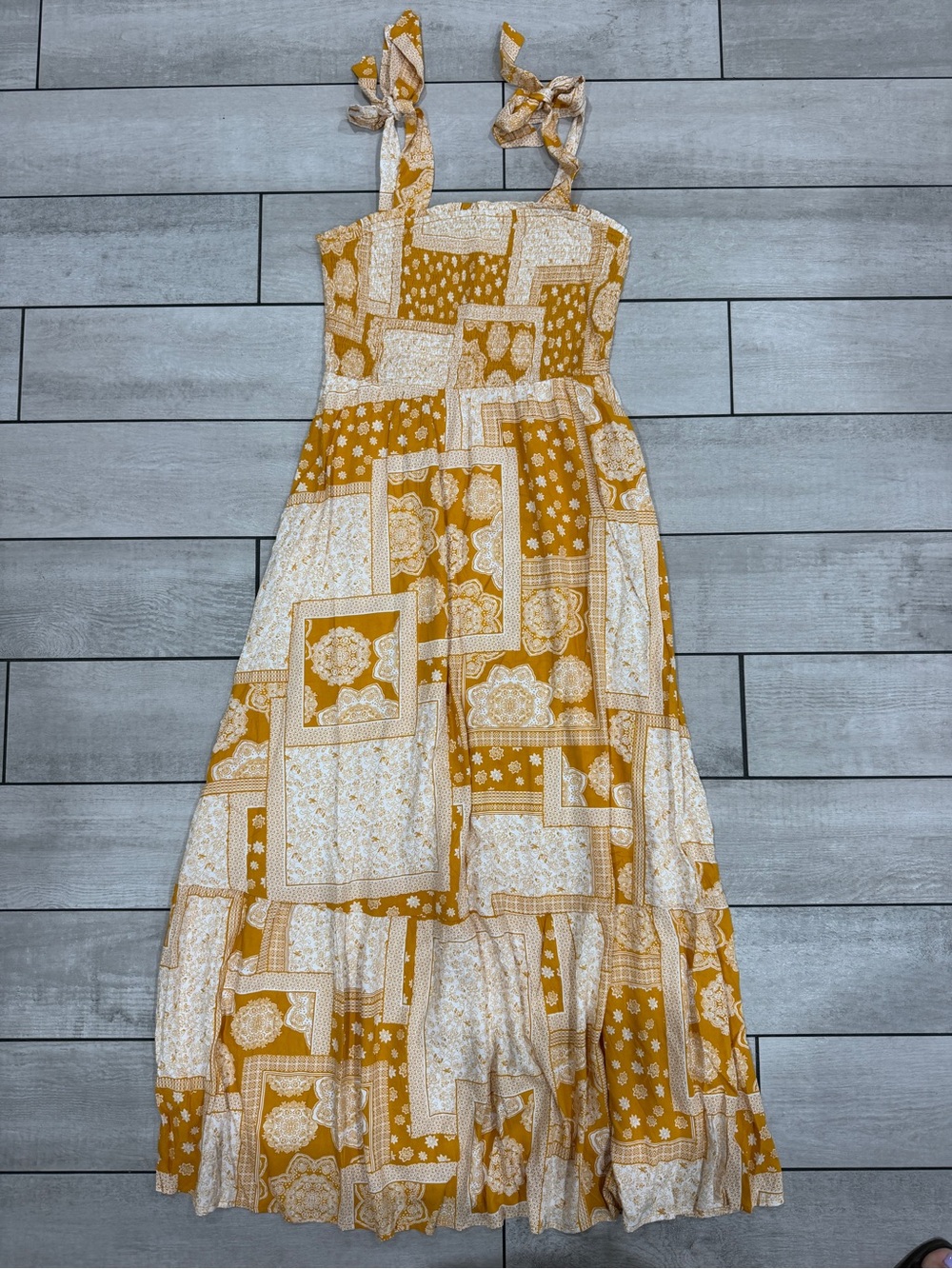 Amazon Mustard Yellow Patchwork Maxi Dress with Tie Straps